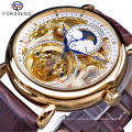 Luxury FORSINING 133 Golden Skeleton Display Blue Hands Men Mechanical Wristwatches Brown Genuine Leather Male Waterproof Clock